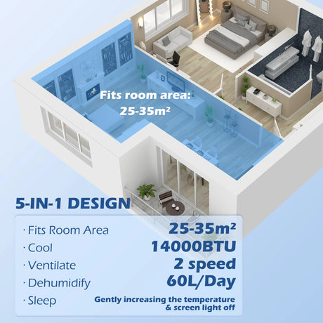 HOMCOM 14000 BTU Mobile Air Conditioner for Room up to 35m2, Smart Home WiFi Compatible, with Dehumidifier, Fan, 24H Timer