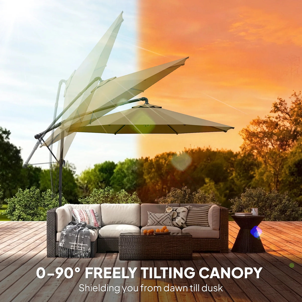 Outsunny 3 m Garden Cantilever Parasol with Cover, Round Overhanging Umbrella with 360 Rotation, Tilt, Khaki