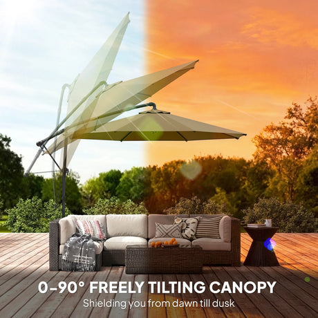 Outsunny 3 m Garden Cantilever Parasol with Cover, Round Overhanging Umbrella with 360 Rotation, Tilt, Khaki