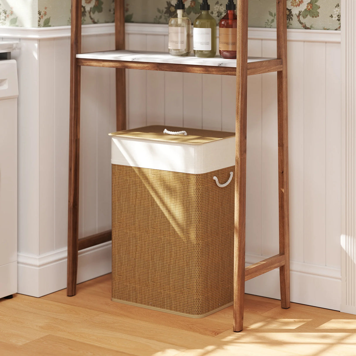 HOMCOM Bamboo Laundry Basket with Lid, 72L Laundry Hamper with Rope Handles, Washing Basket with Removable Washable Liner Bag for Bathroom, Bedroom, Brown