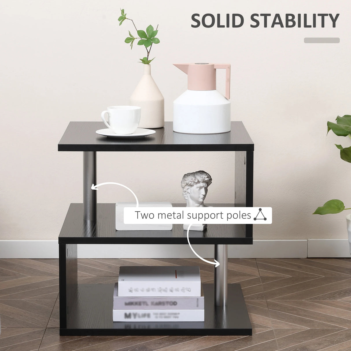HOMCOM Wooden S Shape Cube Coffee Table 2 Tier Storage Shelves Organiser Office Bookcase Living Room End Desk Stand Display Set of 2 (Black)