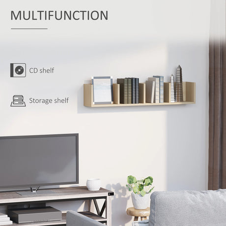 HOMCOM Wall Mount 84 CD / 56 DVD/Blu-ray/ Media Storage Rack 4 Cubes, Wooden Shelf Organiser Unit Bookcase Display, Set of 2, Natural Wood Finish