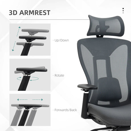 Vinsetto Mesh Office Chair, Ergonomic Desk Chair, Computer Chair with Adjustable Headrest and Lumbar Support, 135 Reclining Back and 3D Armrest for Home Office Study, Grey