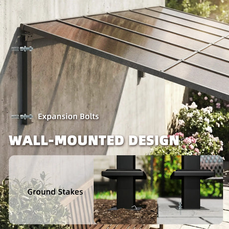 Outsunny 3.4 x 3 m Metal Lean-to Pergola, Wall-Mounted Garden Pergola with Polycarbonate Roof and Metal-Aluminium Frame, Heavy Duty Hardtop Gazebo for Outdoor Patios, BBQ, Brown