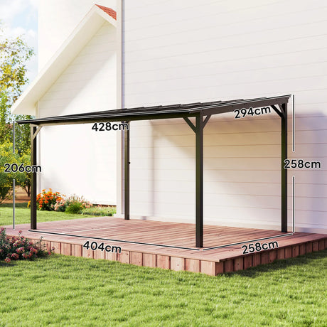 Outsunny 3 x 4.3m Metal Pergola with UPF 50+ and Waterproof Polycarbonate Roof, Wall-Mounted or Free Standing Garden Gazebo, Wind-resistant Outdoor Sun Shade, Dark Grey