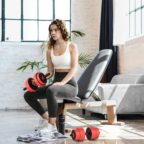 SPORTNOW 30kg Four-In-One Adjustable Weight Dumbbells Set, Barbell, Kettlebell, Push Up Stand - Red