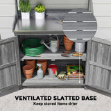 Outsunny Wooden Potting Bench Table with Aluminium Worktop, Outdoor Garden Workbench with Top Shelf and Cabinet Storage