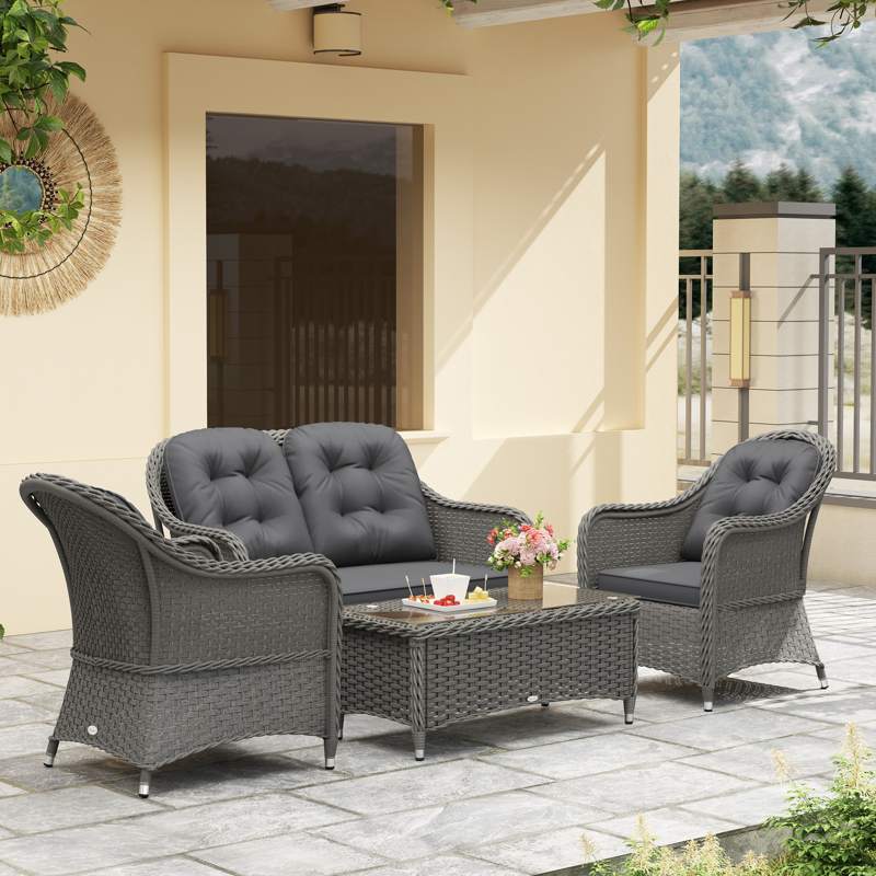 Outsunny Four-Piece Rattan Sofa Set, with Glass-Top Table - Light Grey