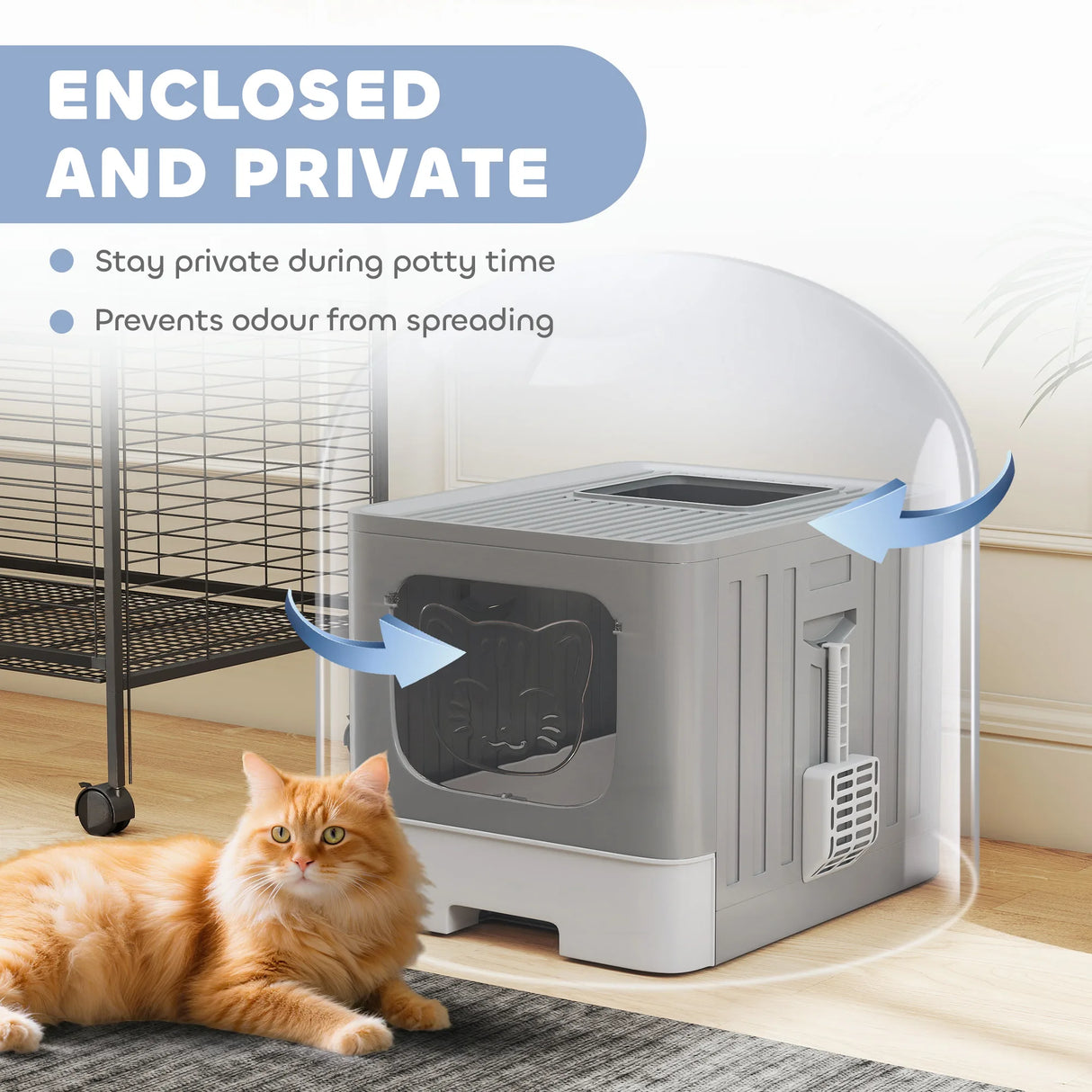 PawHut Foldable Cat Litter Box with Lid, Slide-Out Drawer, Scoop, Easy Clean, Odour Control, Anti-Splashing, Grey