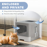 PawHut Foldable Cat Litter Box with Lid, Slide-Out Drawer, Scoop, Easy Clean, Odour Control, Anti-Splashing, Grey