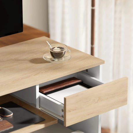HOMCOM 100cm Compact Computer Desk with Keyboard Tray, Home Office Desk with Drawer for Bedroom Study, Oak