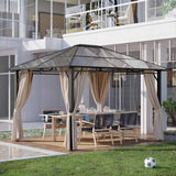 Outsunny 3 x 3.6m Hardtop Gazebo Canopy with Polycarbonate Roof Garden Pavilion with Removable Curtains and Steel Frame, Brown