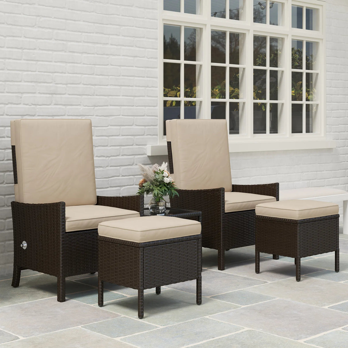 Outsunny 5 Piece Rattan Garden Furniture Set, Wicker Patio Sofa Set with 2 Armchairs, 2 Footstools, Glass Top Coffee Table with Shelf, Outdoor Furniture with Adjustable Backrests, Cushions, Khaki