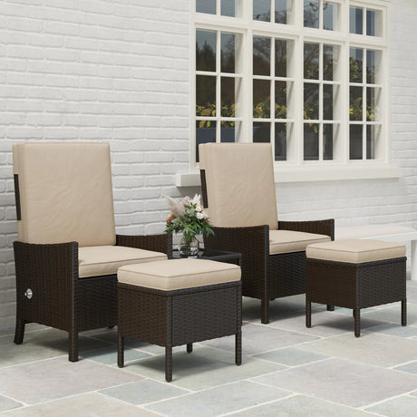 Outsunny 5 Piece Rattan Garden Furniture Set, Wicker Patio Sofa Set with 2 Armchairs, 2 Footstools, Glass Top Coffee Table with Shelf, Outdoor Furniture with Adjustable Backrests, Cushions, Khaki