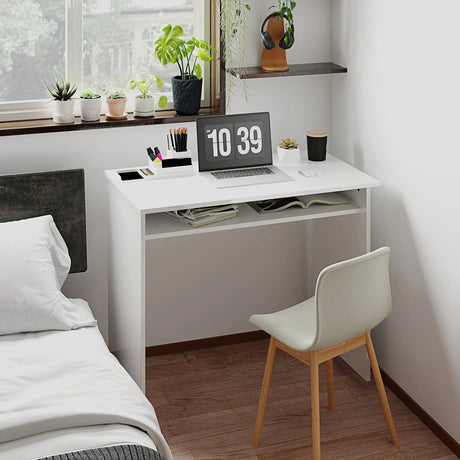 HOMCOM 90 x 50cm Computer Table, Modern Home Office Desk, Small Writing Desk with Storage Shelf, High Gloss White