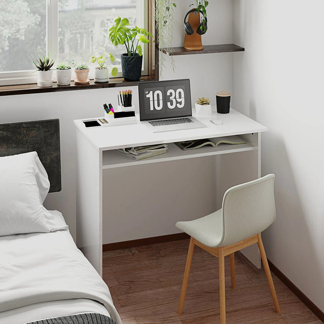 HOMCOM 90 x 50cm Computer Table, Modern Home Office Desk, Small Writing Desk with Storage Shelf, High Gloss White