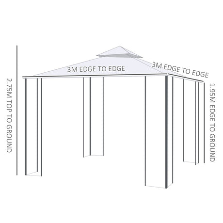 Outsunny 3(M)x3(M) Garden Gazebo Double Top Outdoor Canopy Patio Event Party Wedding Tent Backyard Sun Shade with Netting - Cream White