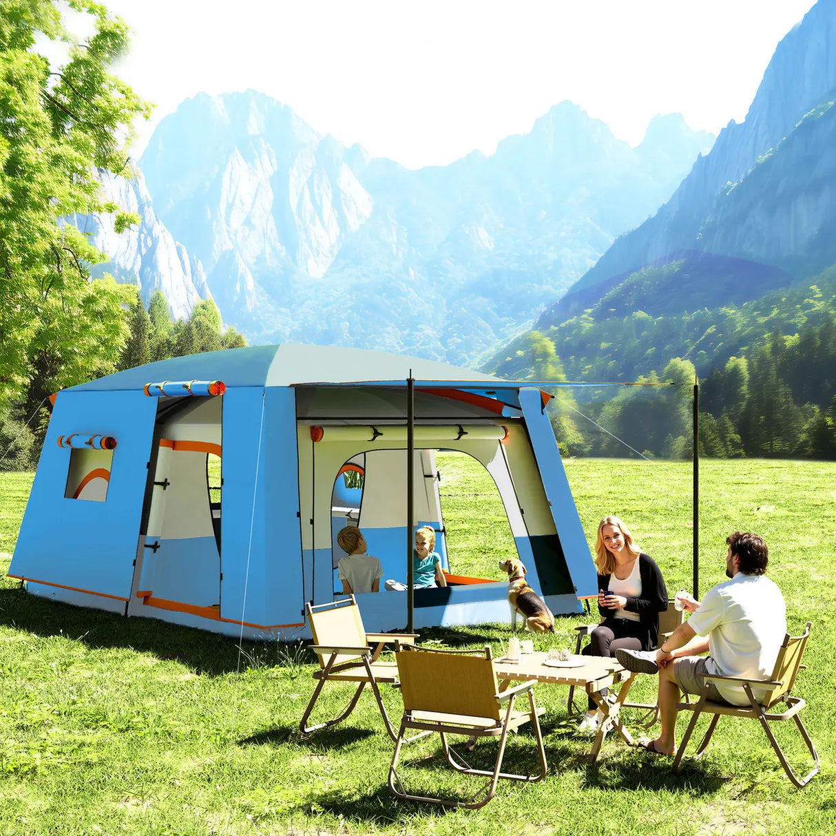 Outsunny 4-6 Man Camping Tent, Double Layer Tunnel Tent with Porch, Living Area and 2 Bedrooms, Sewn in Groundsheet, 3000mm Waterproof and UPF 30+, Portable with Bag, Blue