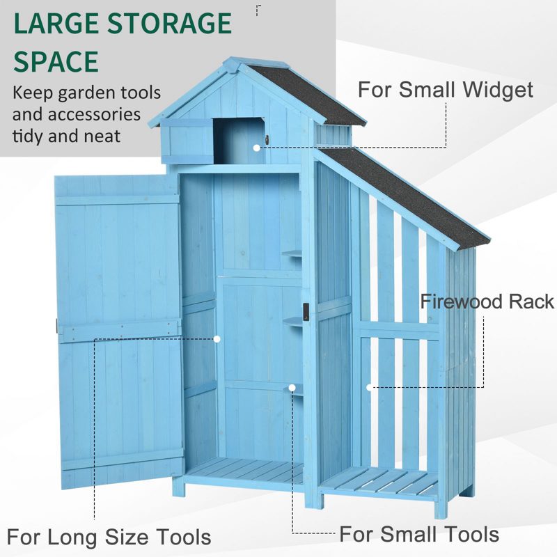 Outsunny Wooden Shed, Garden Storage Cabinet with Log Store, Waterproof Asphalt Roof and Lockable Door, Narrow Tool Organizer, 130 x 55 x 180 cm