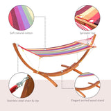 Outsunny Outdoor Hammock with Stand, Free Standing Hammock with Arc Wooden Frame and 200 x 100cm Fabric, Garden Swing Hanging Bed with Safe Ropes, Multicolour