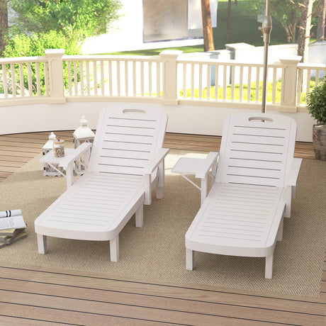 Outsunny Set of 2 Resin Reclining Sun Loungers for Garden, 5 Positions Adjustable Outdoor Chaise Lounge Chairs with Wood Texture Surface, Armrests, Foldable Side Table for Garden, Beach, White