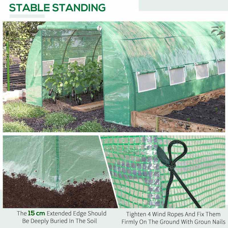 Outsunny Polytunnel Greenhouse Walk-in Grow House Tent with Roll-up Sidewalls, Zipped Door and 8 Windows, 4x3x2m Green