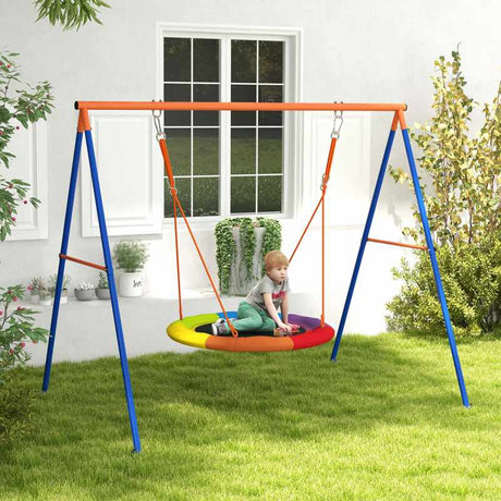 Outsunny Metal Kids Swing Set Nest Swing Seat with A-Frame Structure for Outdoor Use - Multicoloured