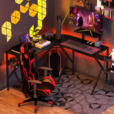 HOMCOM Gaming Desk L-Shaped Corner Computer Table for Home Office PC Workstations with Adjustable Monitor Stand Cup Holder Headphone Hook 125x125x75cm, Black