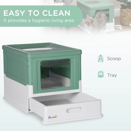 PawHut Hooded Cat Litter Box, Portable Pet Toilet, with Scoop, Front Entry - Green