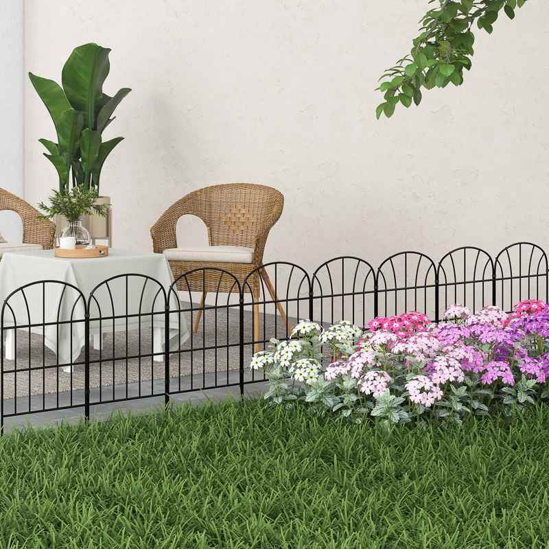 Outsunny Metal Decorative Outdoor Picket Fence Panels Set of 8, Black