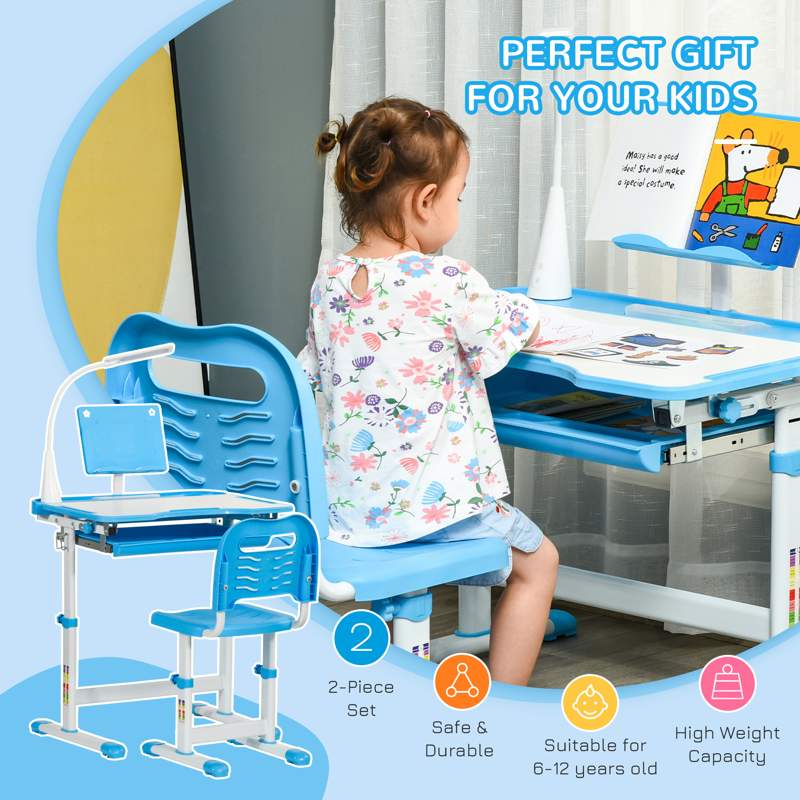 HOMCOM Kids Study Desk and Chair Set w/ Adjustable Height, Storage, Drawer, Blue