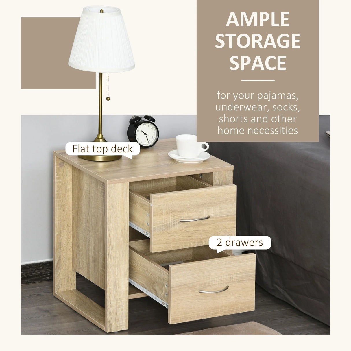 HOMCOM Bedside Table with 2 Drawers, Nightstand with Handles and Elevated Base, Side Table for Bedroom, Living Room, Brown