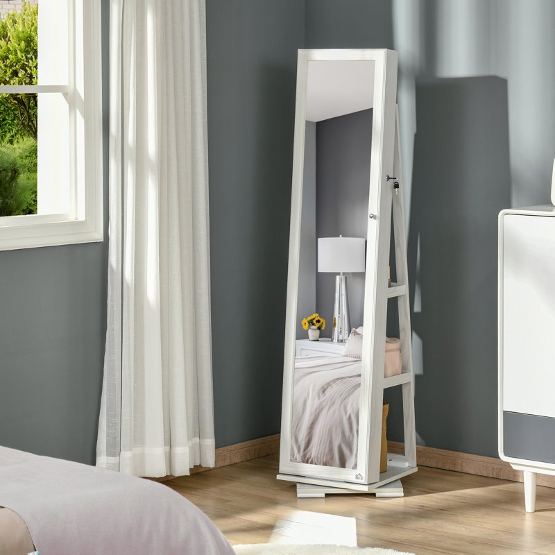 HOMCOM 360 Swivel Jewellery Cabinet with Full Length Mirror, Lockable Jewellery Organiser with Built-in Makeup Mirror and Storage Shelves for Bedroom, White