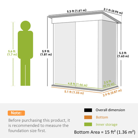 Outsunny Metal Garden Shed, Outdoor Lean-to Shed for Tool Motor Bike, with Adjustable Shelf, Lock, Gloves, 5'x3'x6', Grey