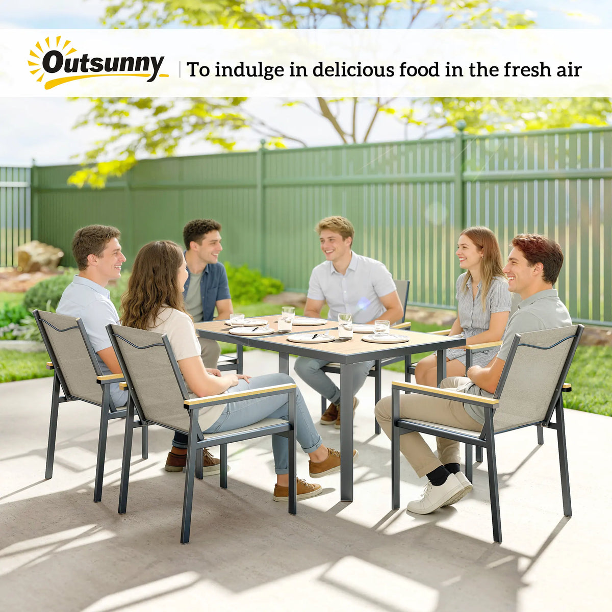 Outsunny Seven-Piece Metal Garden Dining Set, with Glass-Top Table - Khaki