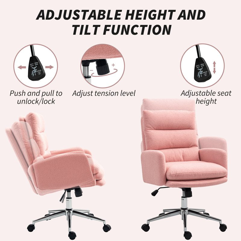 HOMCOM Home Office Chair, Upholstered Sherpa Fleece Desk Chair with Height Adjustable, Tilt Function and 360° Swivel Wheels for Home Office and Study Room, Pink