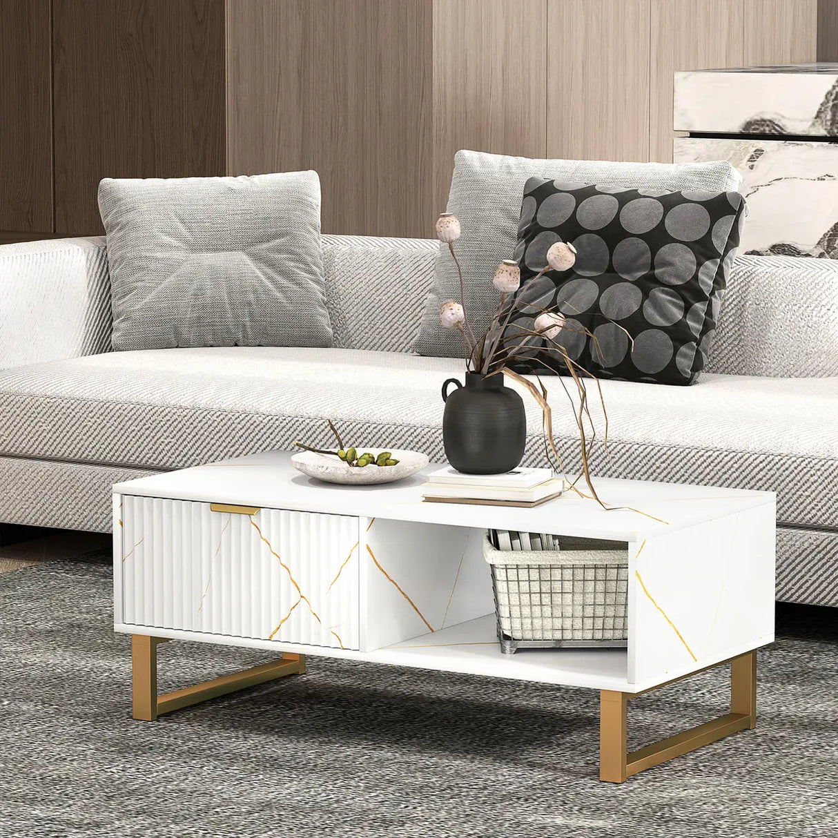 HOMCOM Elegant Marble Effect Storage Coffee Table - White