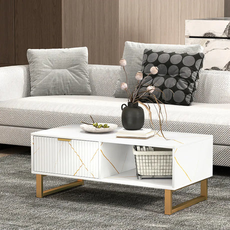 HOMCOM Elegant Marble Effect Storage Coffee Table - White