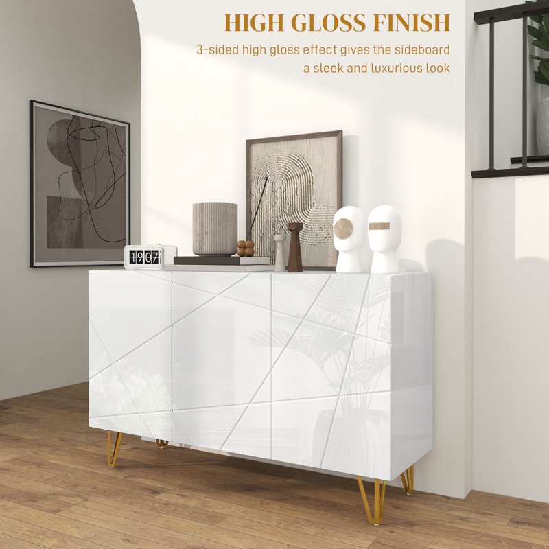 HOMCOM Modern Luxe High Gloss Sideboard, with Hairpin Legs - White