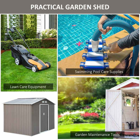 Outsunny 9 x 6FT Outdoor Garden Roofed Metal Storage Shed Tool Box with Foundation Ventilation & Doors Light, Grey