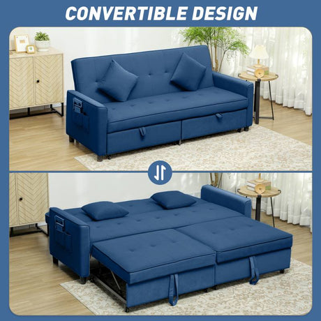 HOMCOM Three-Person Velvet-Feel Sofa Bed - Blue