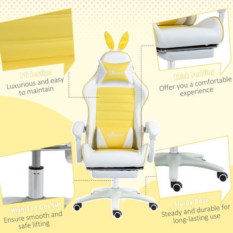 Vinsetto Reclining Racing Gaming Chair with Headrest and Lumber Support, PU Leather Computer Chair with Removable Rabbit Ears, Footrest, Yellow