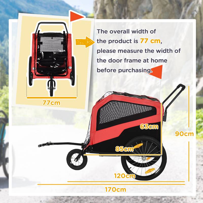 PawHut 2 in 1 Dog Bike Trailer Pet Stroller for Large Dogs with Hitch, 20" Wheels, Pet Bicycle Cart Trolley Carrier for Travel, Red