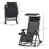 Outsunny Garden Rocking Chair Folding Recliner Outdoor Adjustable Sun Lounger Rocker Zero-Gravity Seat with Headrest Side Holder Patio Deck - Black