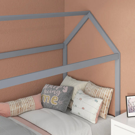 HOMCOM Single Bed Frame, House Scandinavian Style Wooden Bed Frame for 90W x 190Dcm Mattress, Pine Wood Bed Base, Grey