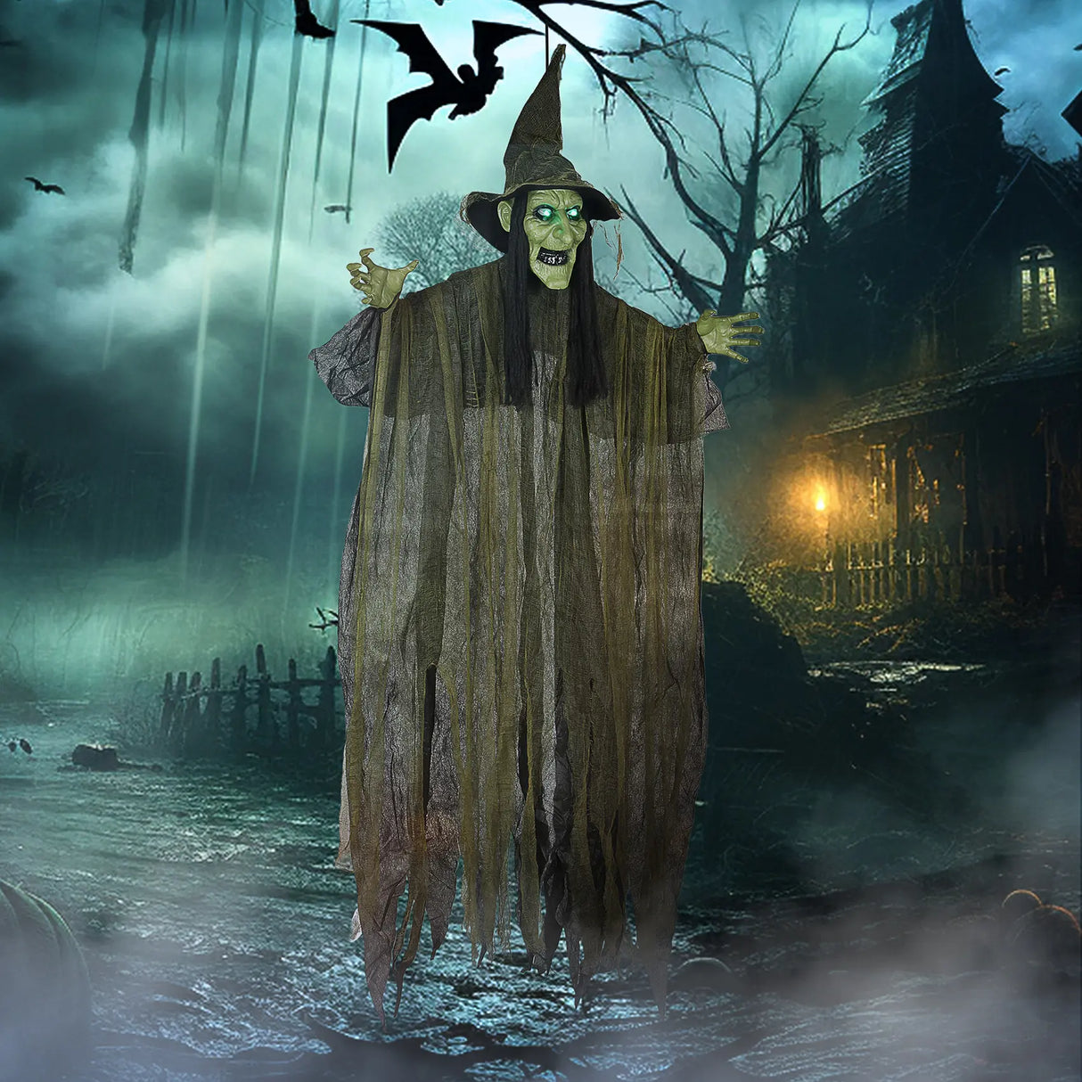 Outsunny 170 cm Life Size Hanging Halloween Animated Witch with Glowing LED Eyes, Spooky Witch Scary Halloween Decorations, Battery Operated, Indoor Party Props