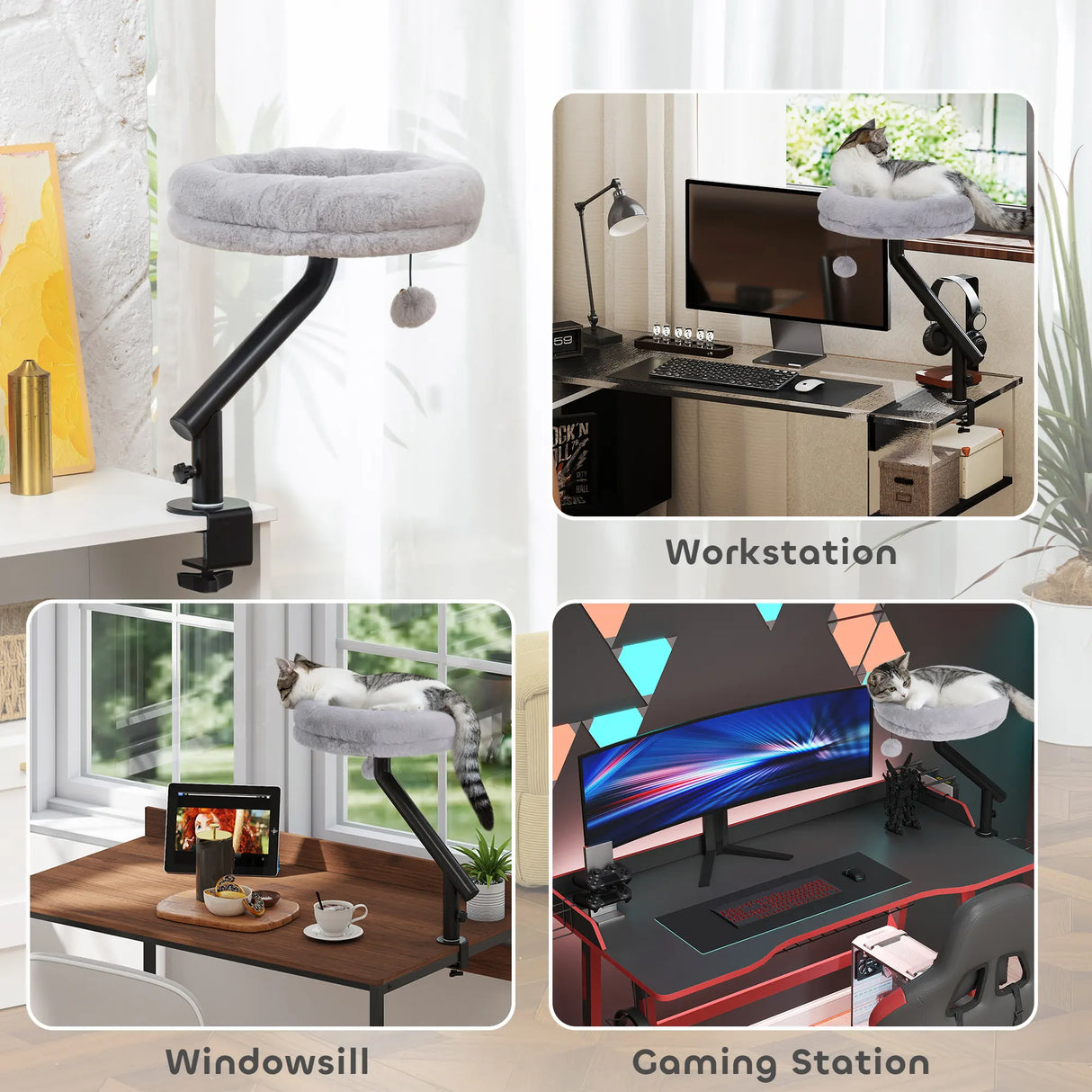 PawHut Cat Desk Bed, Cat Hammock 360 Rotatable Adjustable for Window, Table, Work, Grey