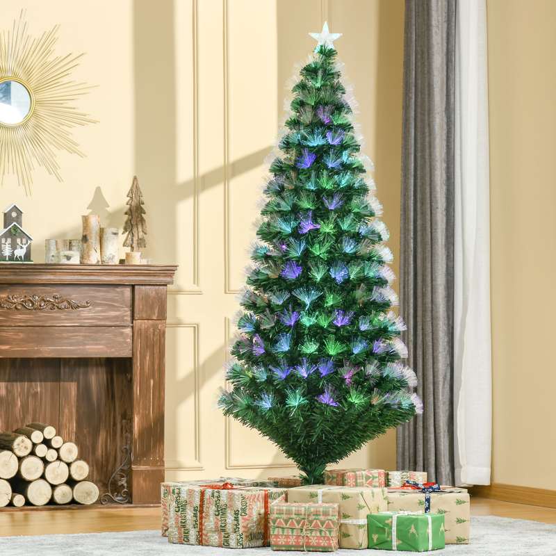 HOMCOM 6FT Multicoloured Artificial Christmas Tree w/ Fibre Optic Lights Pre-Lit Modes Metal Stand Star Holder Home Seasonal Decoration