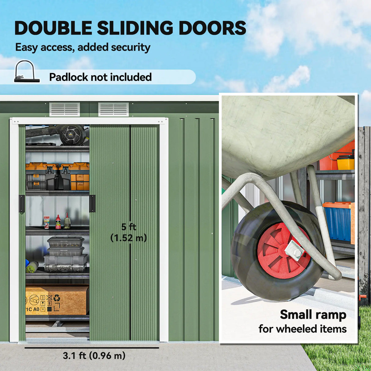 Outsunny 9ft x 4ft Metal Garden Shed, Outdoor Tool House with Foundation Kit, Ventilations and Double Doors, Light Green