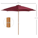 Outsunny 3(m) Garden Parasol, Pulley Operated Patio Umbrella, Wooden Table Market Umbrella with Rope Pulley Mechanism and 8 Ribs, Wine Red